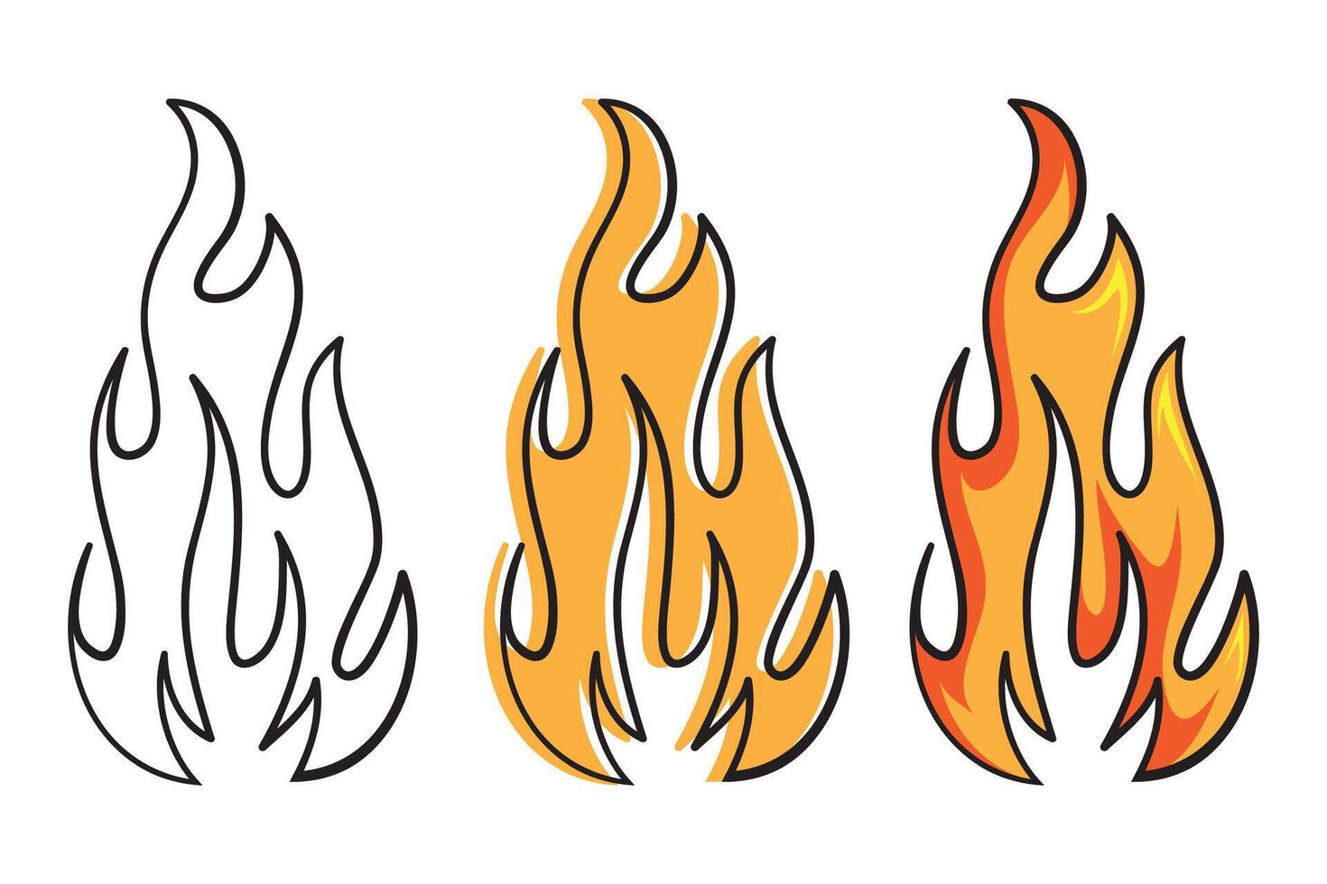 icônes de feu dessinées à la main. jeu de vecteurs d'icônes de flammes de feu. feu de croquis de doodle dessinés à la main, dessin noir et blanc. symbole de feu simple. vecteur