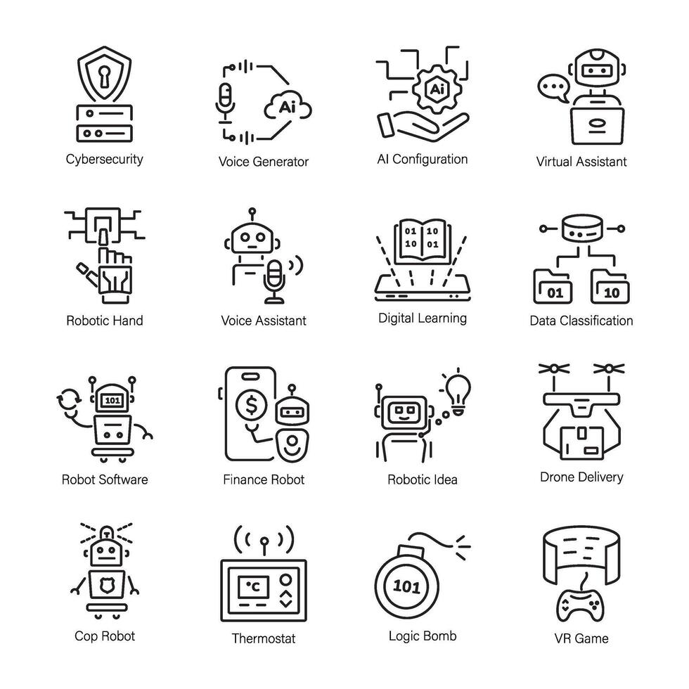 collection de 16 artificiel intelligence linéaire Icônes vecteur