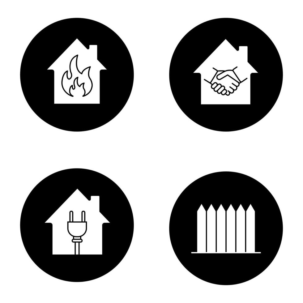 jeu d'icônes de glyphe immobilier. maisons avec prise et feu à l'intérieur, clôture, affaire immobilière. illustrations vectorielles de silhouettes blanches dans des cercles noirs vecteur