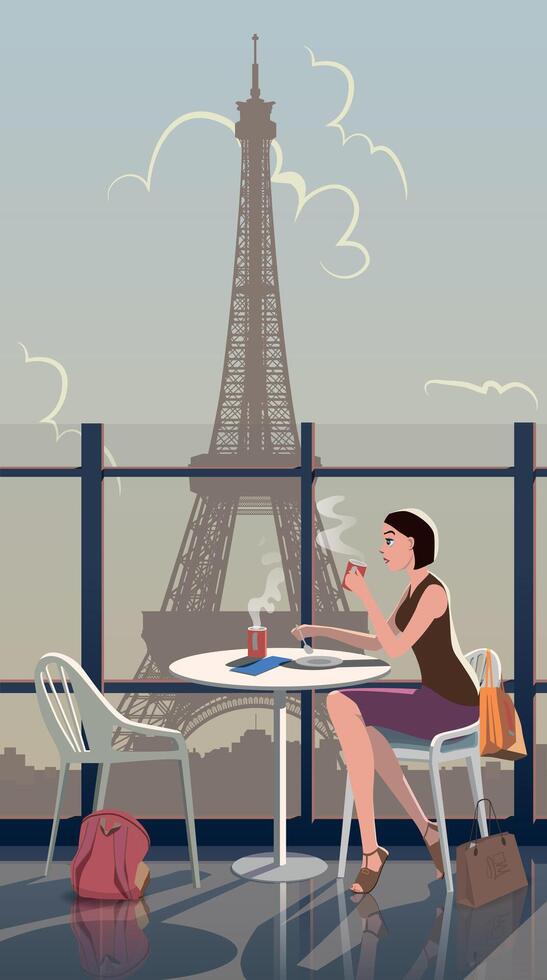 une fille sur une panoramique Plate-forme contre le toile de fond de le Eiffel la tour. vecteur. vecteur