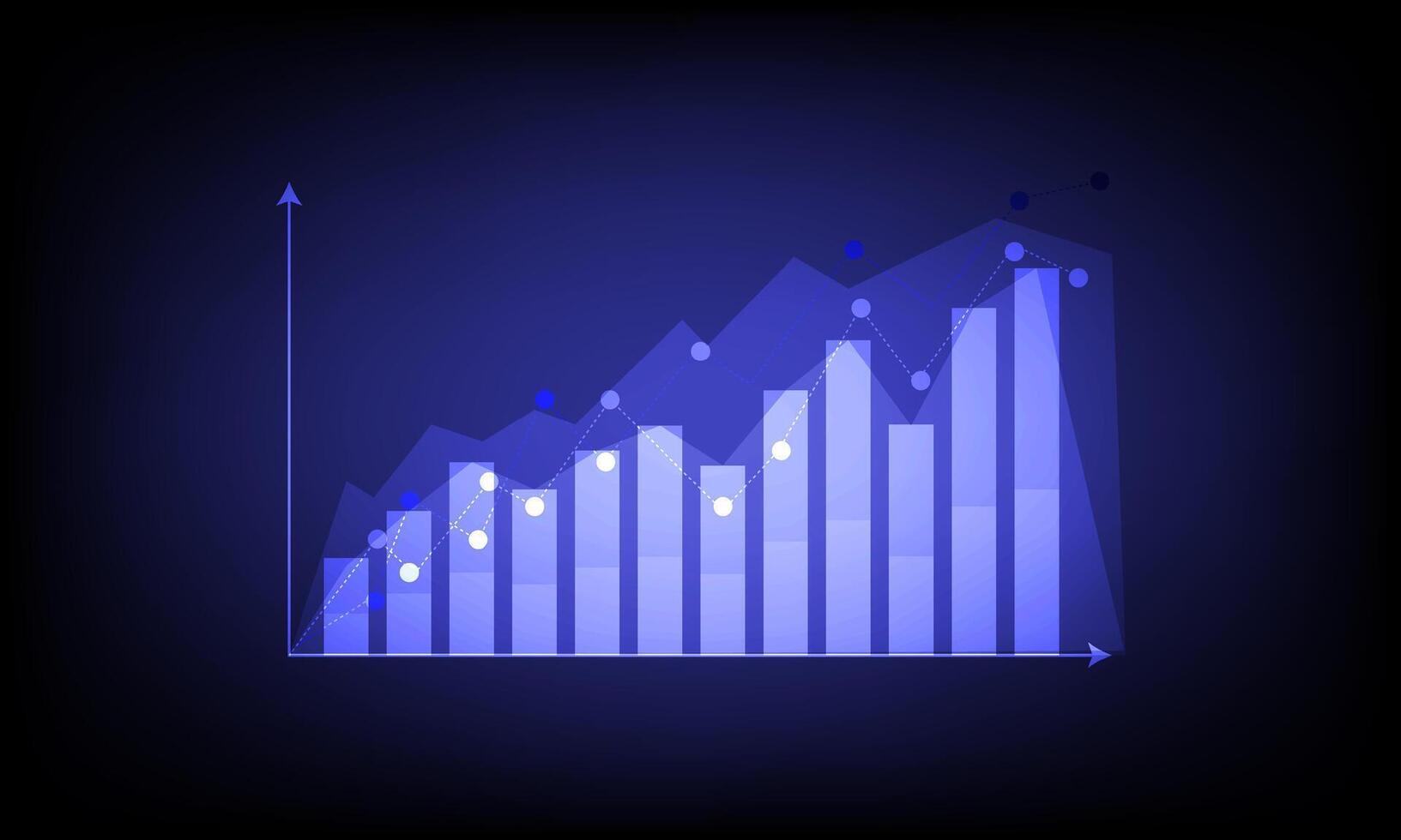 concept de stock et d'investissement. un graphique à barres et linéaires sur fond bleu foncé. marché burish, profit de la richesse, rendement élevé à haut risque, croissance des entreprises en hausse. vecteur