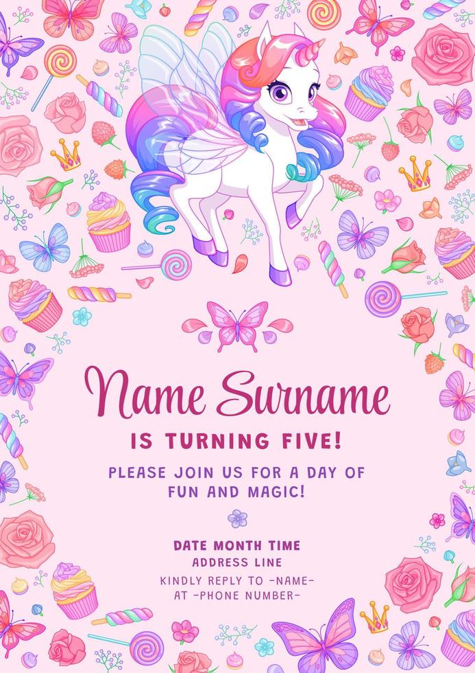 invitation d'anniversaire de fête de licorne avec des papillons de fleurs et des bonbons modèle vectoriel sur fond rose
