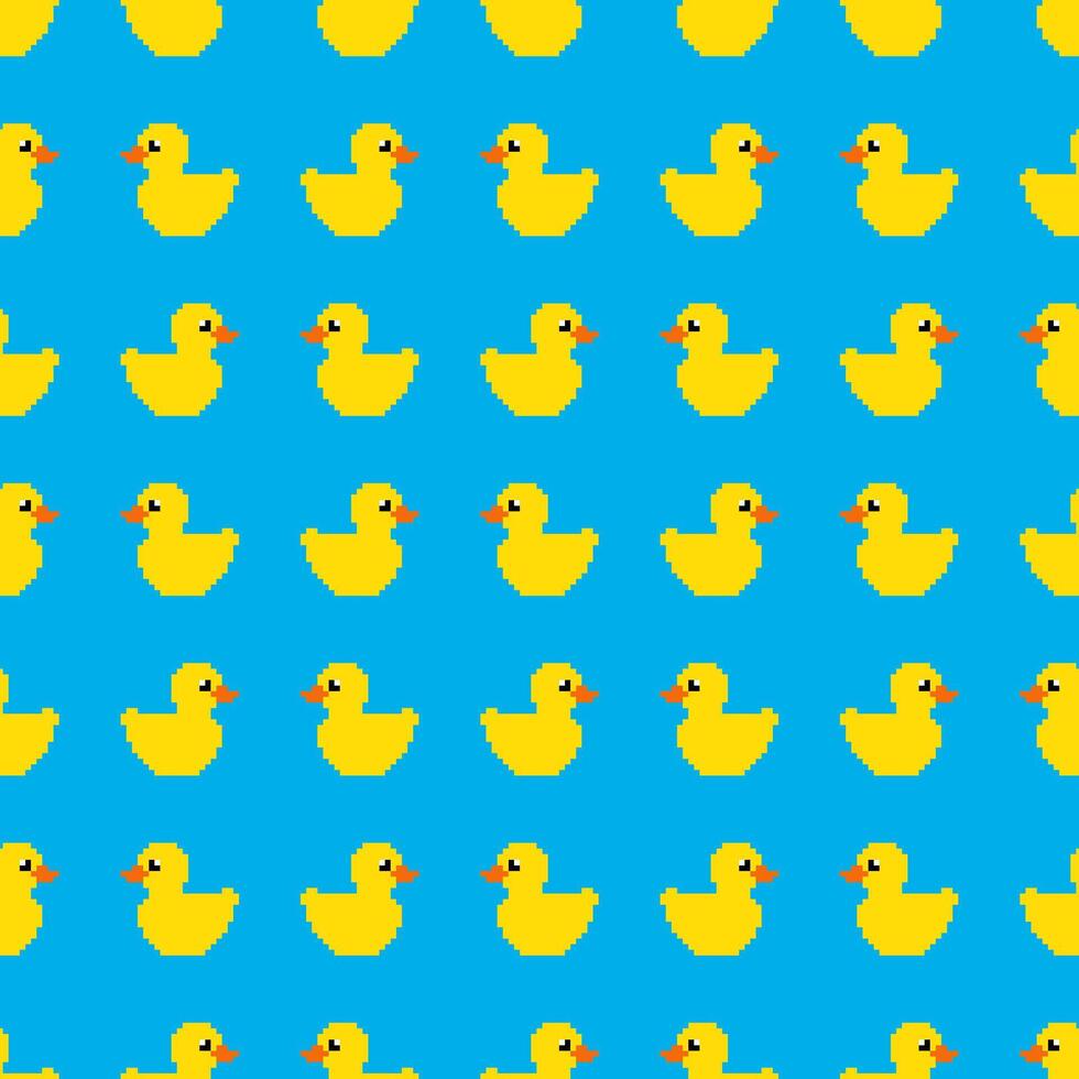 pixel Jaune caoutchouc canard sur bleu Contexte sans couture modèle vecteur illustration