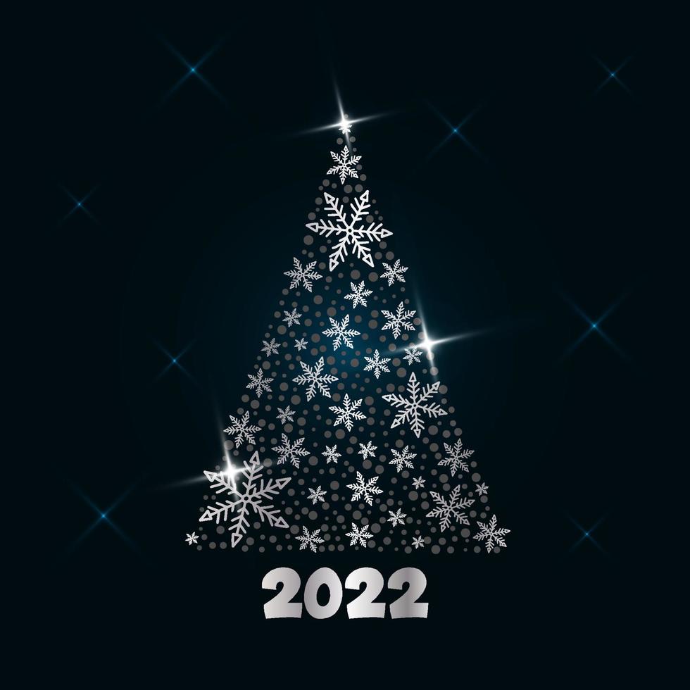 arbre de noël argent magique de flocons de neige avec des étoiles scintillantes sur fond sombre. joyeux noël et bonne année 2022. illustration vectorielle. vecteur