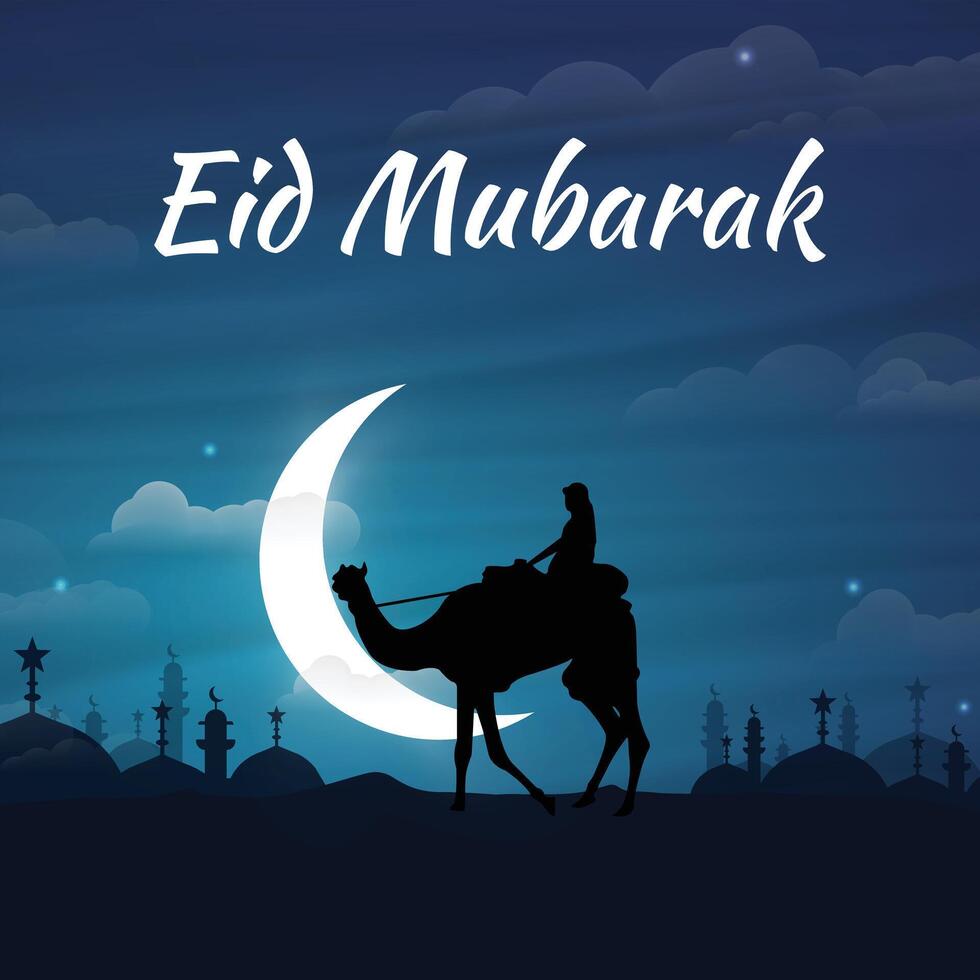 eid mubarak spécial réaliste paysage social médias Publier illustration art. chameau cavalier musafir dans une désert pendant lune nuit. proche en haut avec croissant lune pendant saint nuit. foncé bleu couleur. vecteur