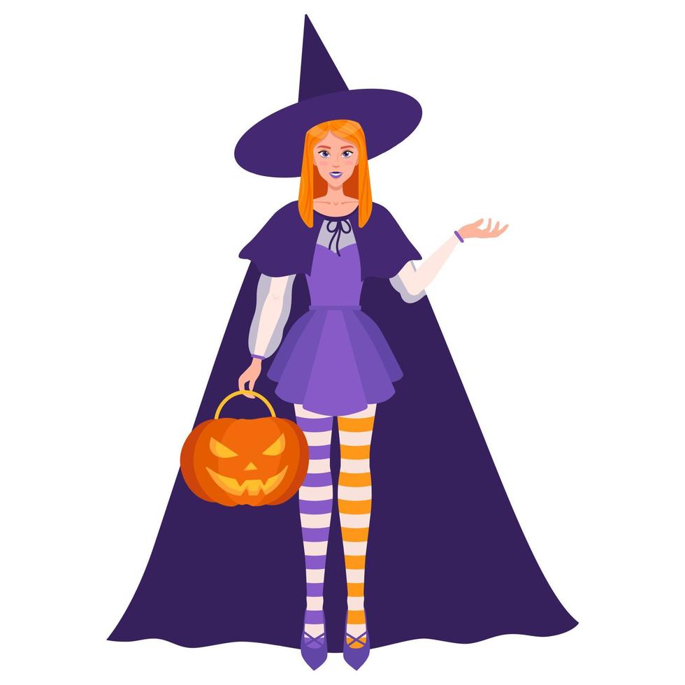 fille sorcière avec citrouille citrouille d'halloween orange dans sa main droite. vecteur