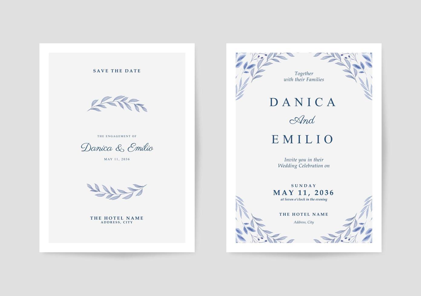 invitation de mariage minimaliste et simple avec de belles feuilles d'aquarelle vecteur