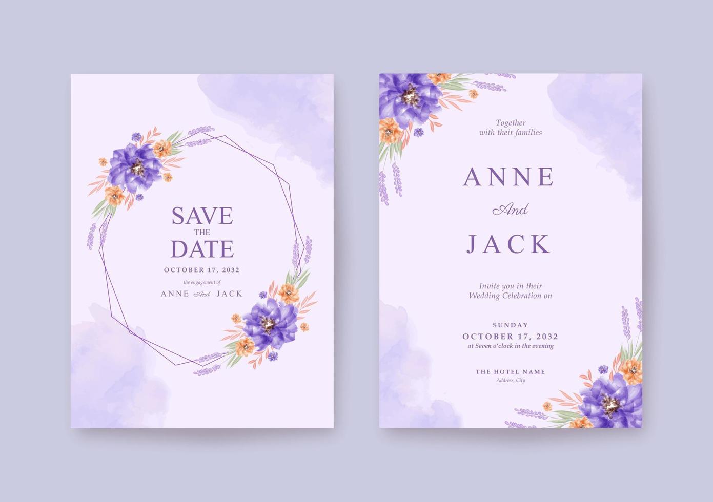 carte de mariage romantique avec une belle aquarelle florale violette vecteur