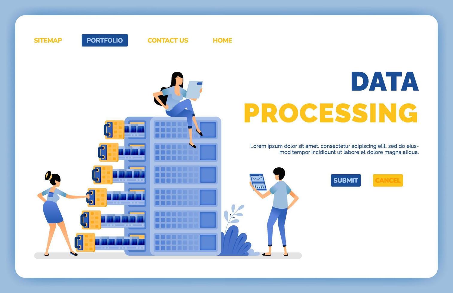 conception du traitement des données avec des algorithmes collectés et organisés dans un système de serveur de base de données l'illustration vectorielle peut être utilisée pour la page de destination site web applications mobiles affiche flyer ui ux vecteur