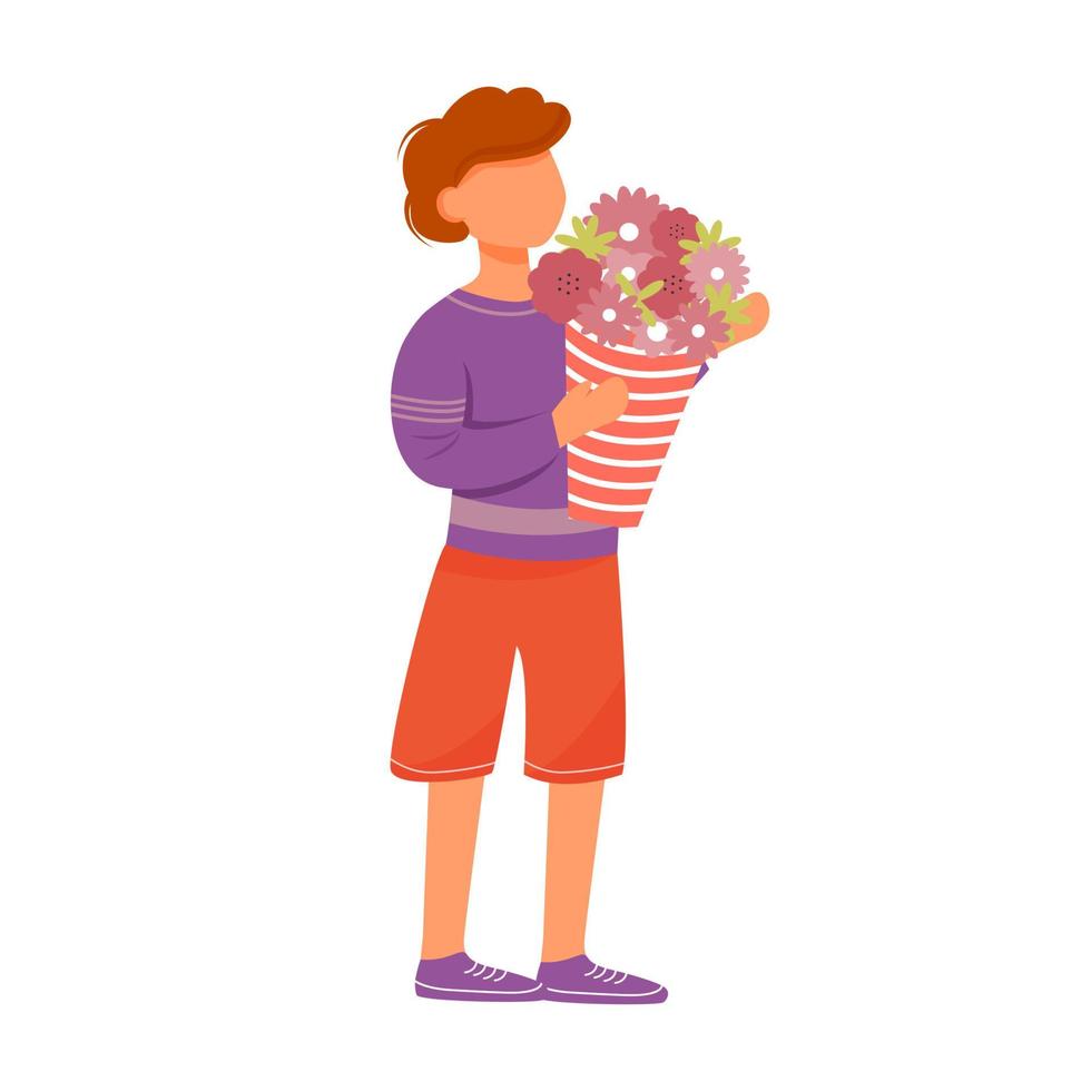 petit garçon avec illustration vectorielle plane bouquet. enfant avec cadeau. fête de vacances en famille. fête des mères. Joli fils brune debout avec un personnage de dessin animé isolé de fleurs sur fond blanc vecteur