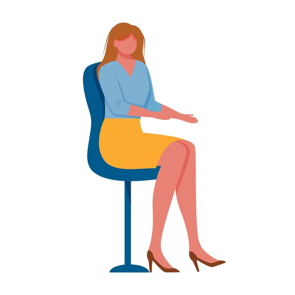 jeune femme assise sur une chaise plate illustration vectorielle. Employé. Femme de bureau brune en costume d'affaires et en chaussures à talons hauts personnage isolé sur fond blanc vecteur