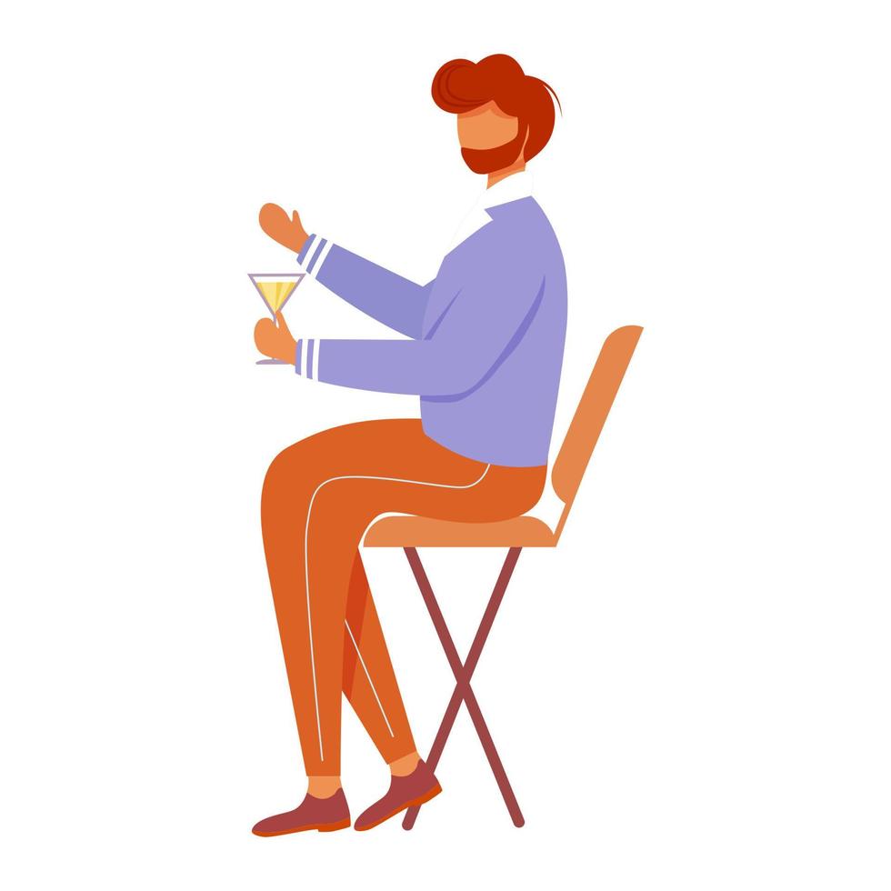 homme avec cocktail assis sur une chaise plate illustration vectorielle. célébration de vacances. fête d'anniversaire. gars confiant barbu avec un personnage de dessin animé isolé de boisson alcoolisée sur fond blanc vecteur