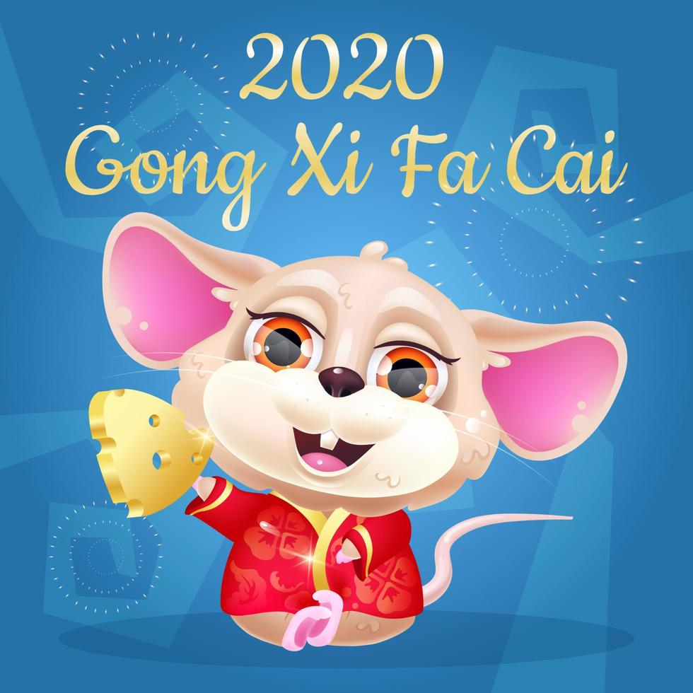 Maquette de publication sur les médias sociaux du personnage kawaii de la souris mignonne. 2020 gong xi fa cai bonne année lettrage. affiche positive, modèle de carte de voeux avec animal du zodiaque chinois. impression, illustration de carte postale vecteur