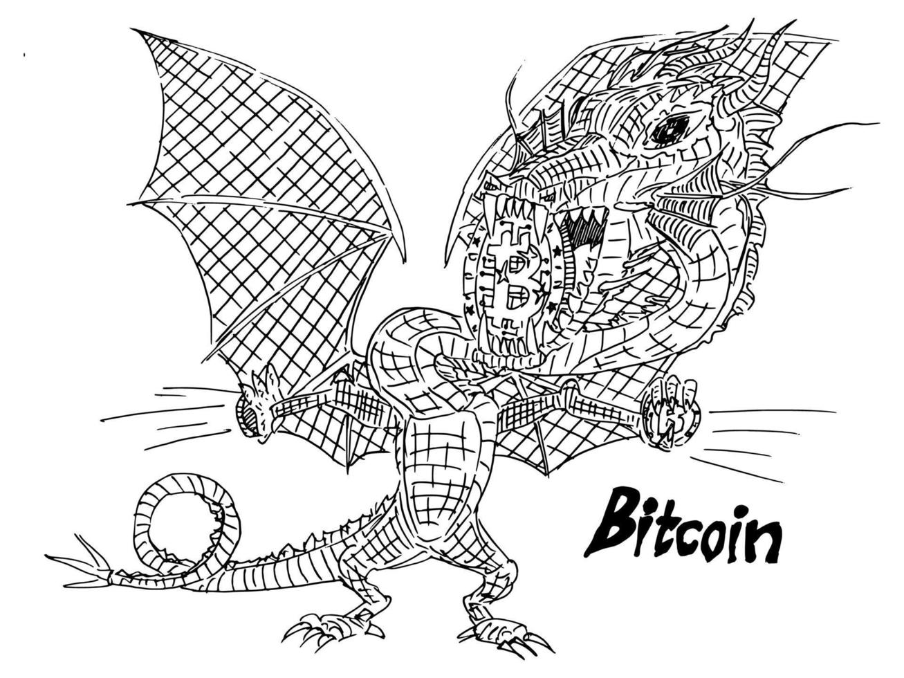 croquis de dragon avec une pièce de monnaie crypto dans les dents vecteur