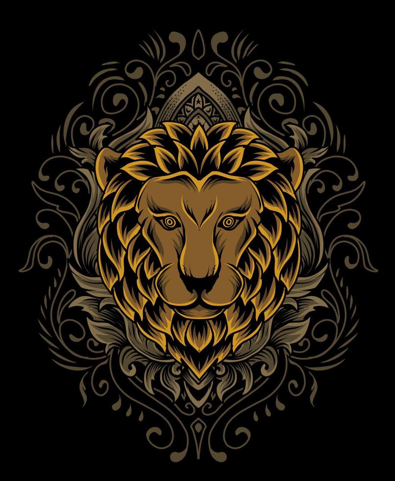 tête de lion illustration vectorielle avec ornement de gravure vecteur