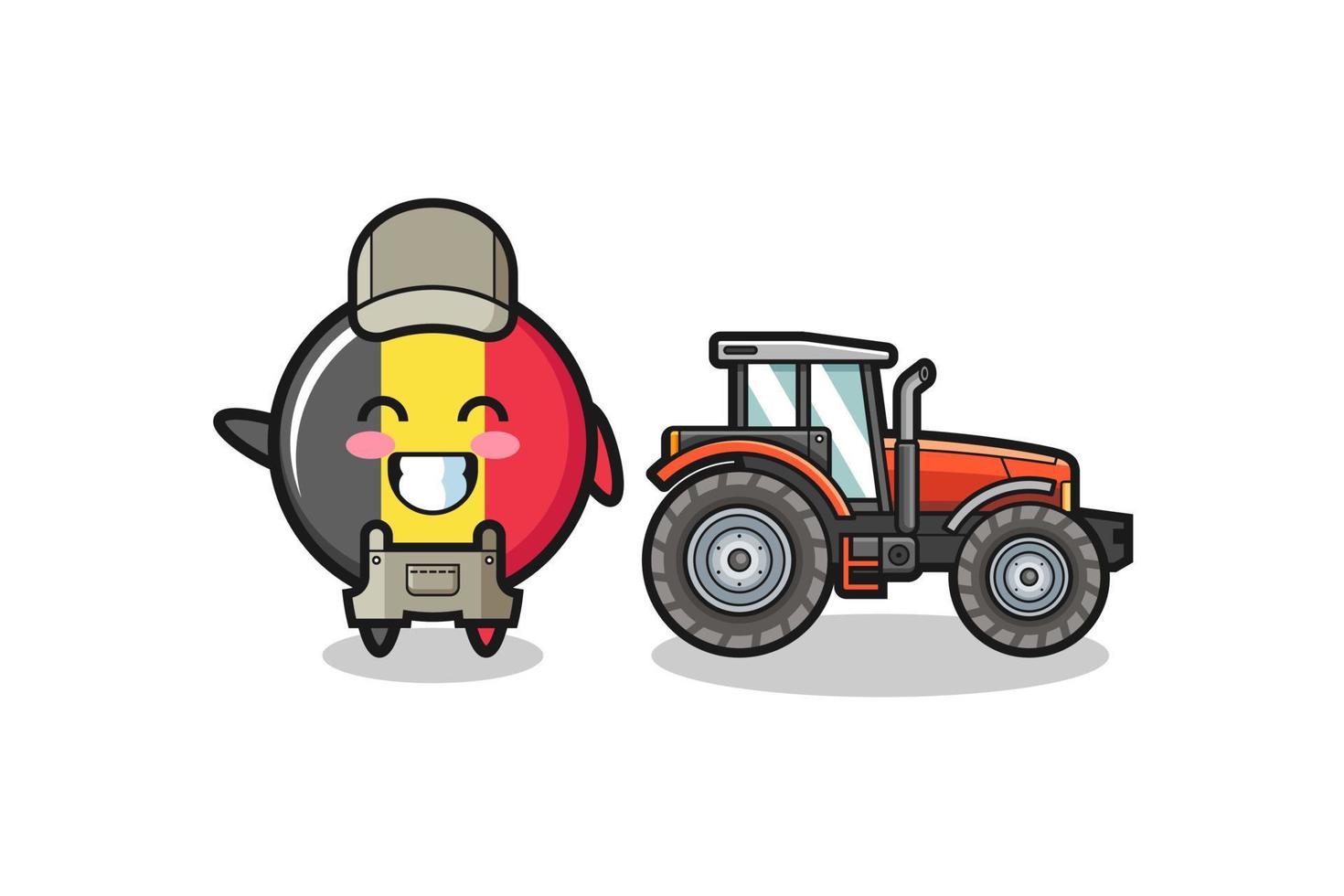 La mascotte d'agriculteur du drapeau belge debout à côté d'un tracteur vecteur