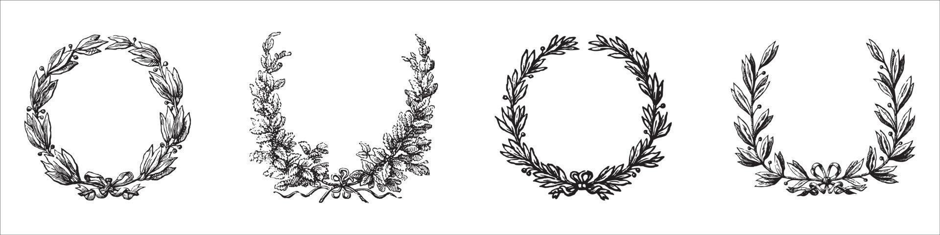 ensemble d'éléments décoratifs circulaires vectoriels dessinés à la main pour votre conception. feuilles, tourbillons, éléments floraux. vecteur