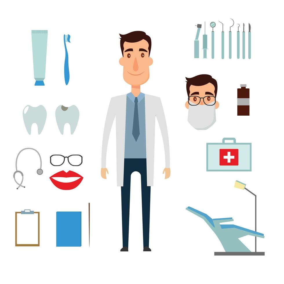 dentaire médical. dentiste dans son bureau avec des instruments. illustrations vectorielles et icônes. vecteur