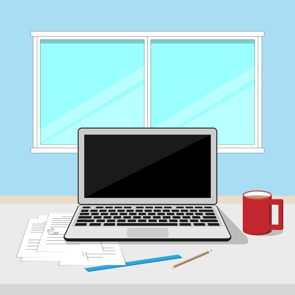 conception créative vectorielle, ordinateur portable sur le bureau de la table avec fond de fenêtre. vecteur