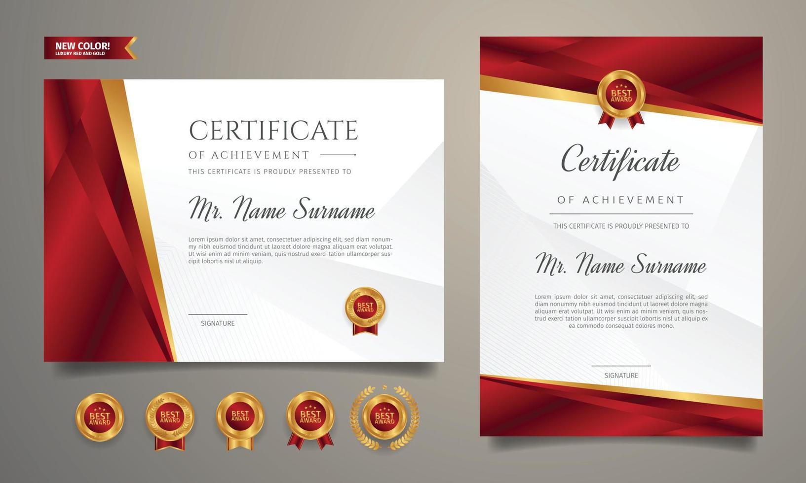 modèle de certificat de réussite de diplôme premium avec badges or et rouge vecteur