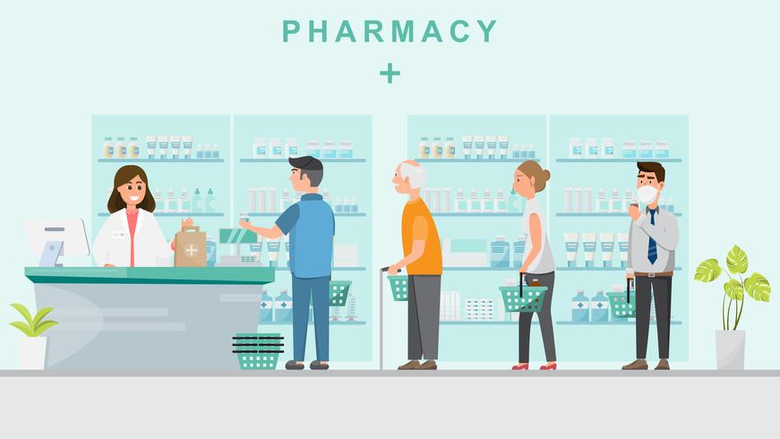 pharmacie avec pharmacien au comptoir et les gens qui achètent des médicaments. vecteur