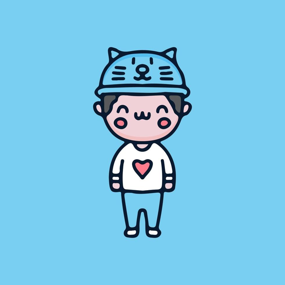 vecteur de dessin animé kawaii kid garçon portant un chapeau de chat. parfait pour les enfants de la crèche, carte de voeux, fille de douche de bébé, conception de tissu.