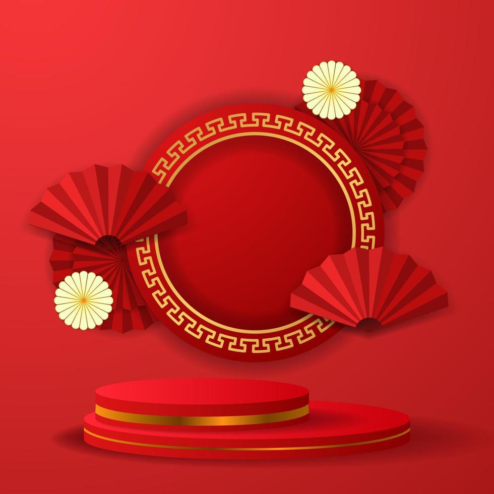 joyeux nouvel an chinois, décoration de papier fan rouge suspendue lanterne asiatique culture traditionnelle avec affichage des produits de la scène du podium du cylindre vecteur