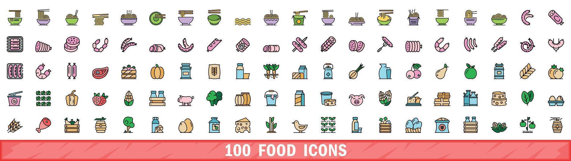 100 nourriture Icônes ensemble, Couleur ligne style vecteur