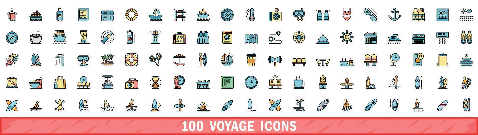 100 voyage Icônes ensemble, Couleur ligne style vecteur