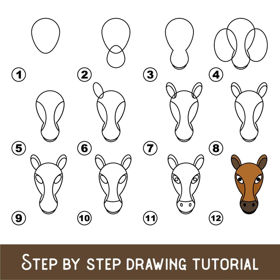 jeu pour enfants pour développer les compétences de dessin avec un niveau de jeu facile pour les enfants d'âge préscolaire, tutoriel éducatif de dessin pour le visage de cheval. vecteur