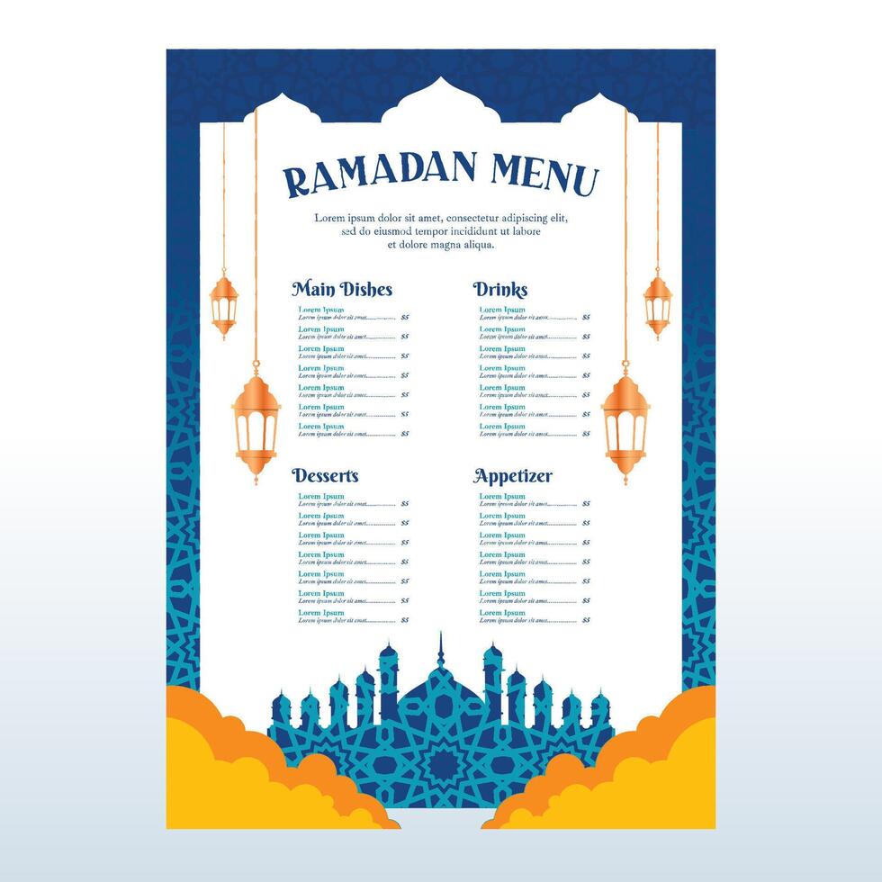 bleu islamique Contexte menu conception avec Facile ornements vecteur