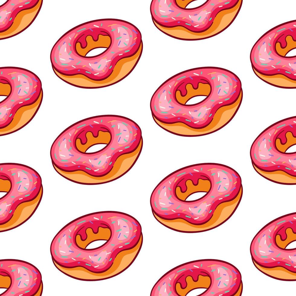 Donut modèle avec rose glaçage dans dessin animé style. Facile petit gâteau ligne conception pour fond d'écran, boulangerie et café menu. vecteur illustration sur une blanc Contexte.