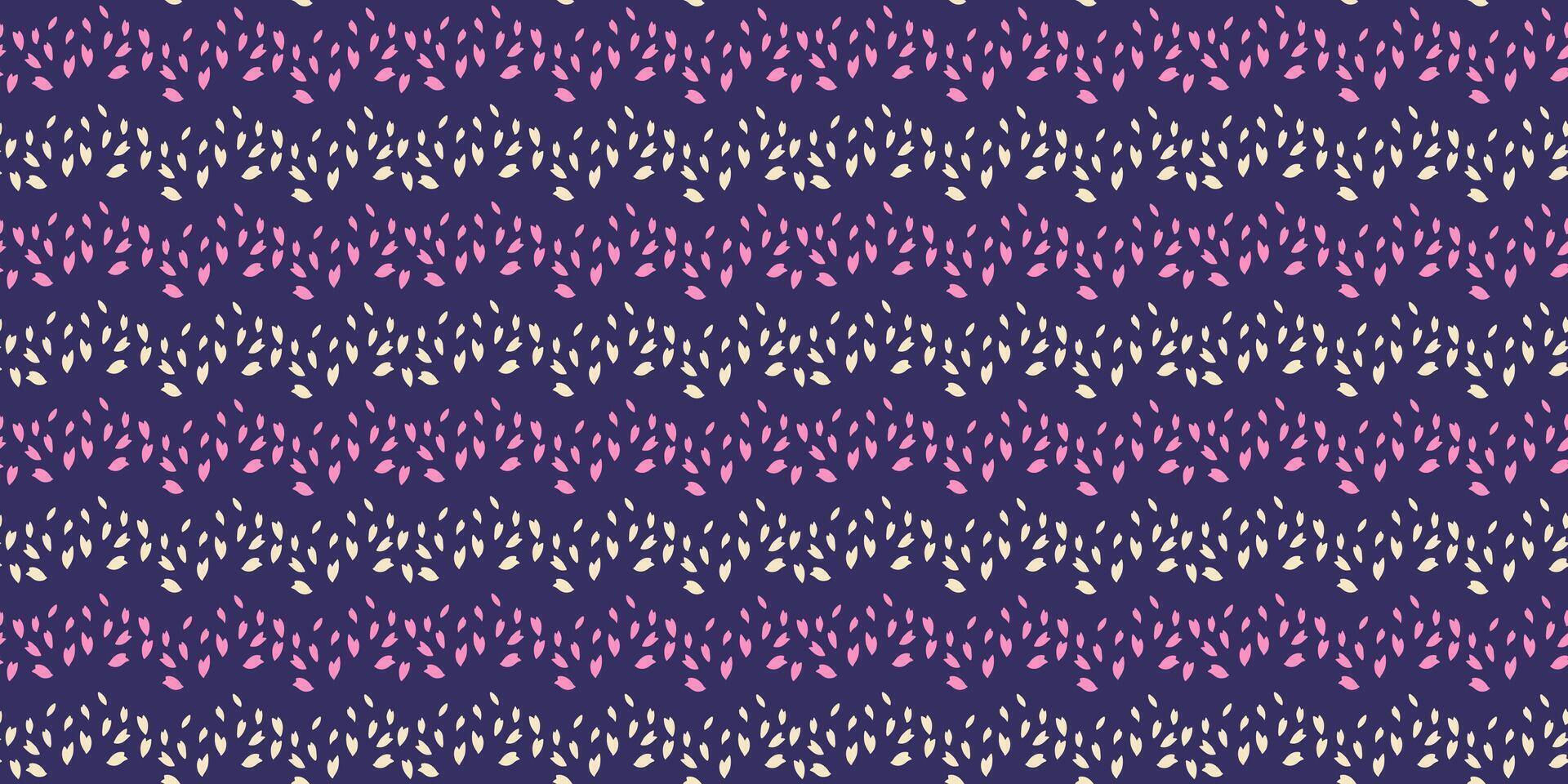 zigzag avec formes des points, taches, gouttes sans couture modèle. vecteur main tiré esquisser. Facile minuscule Aléatoire flocons de neige, cercles, dépliants sur une foncé violet Contexte. modèle conception ornement