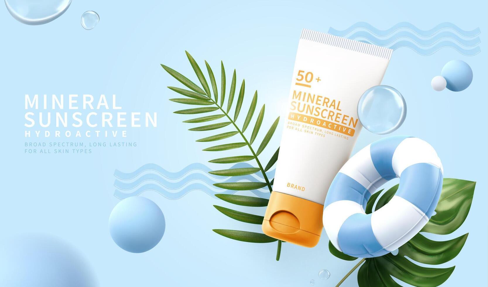 3d minimal cosmétique un d pour été soin de la peau des produits. crème solaire tube maquette avec tropical feuilles, nager bague et décoratif des balles. vecteur