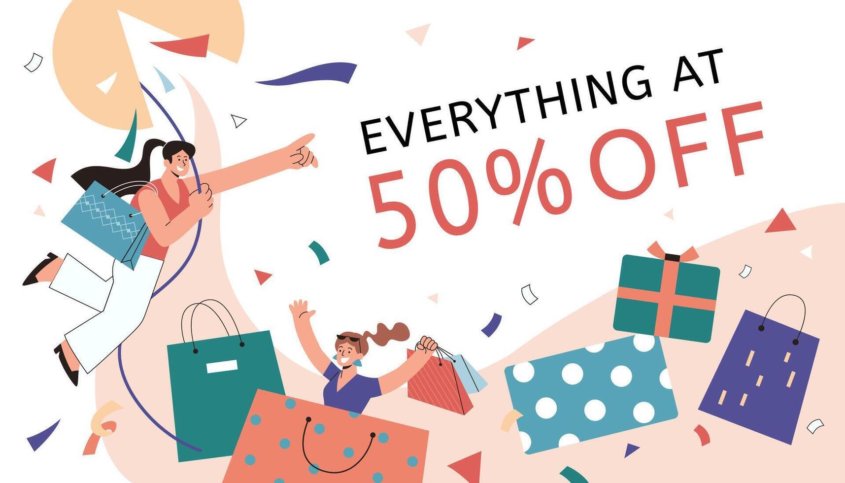 50 pour cent remise offre bannière dans plat style illustration. boutique vente à moitié prix, deux femmes achats Sacs et cadeaux comme fête vecteur