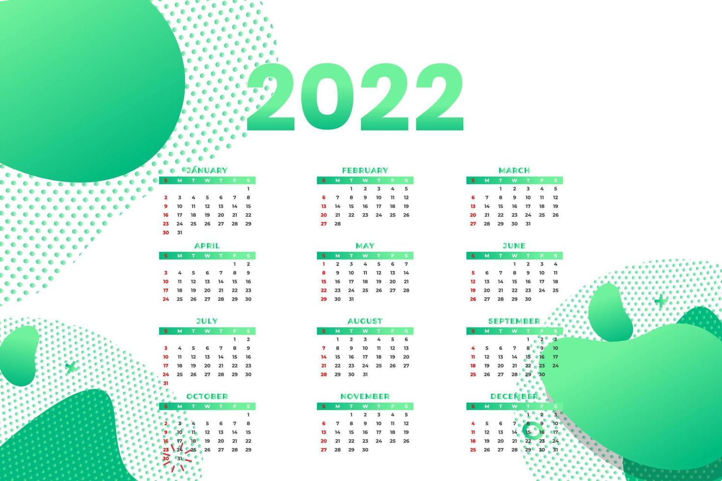 modèle de calendrier mensuel pour l'année 2022. la semaine commence le dimanche. calendrier mural dans un style minimaliste. vecteur