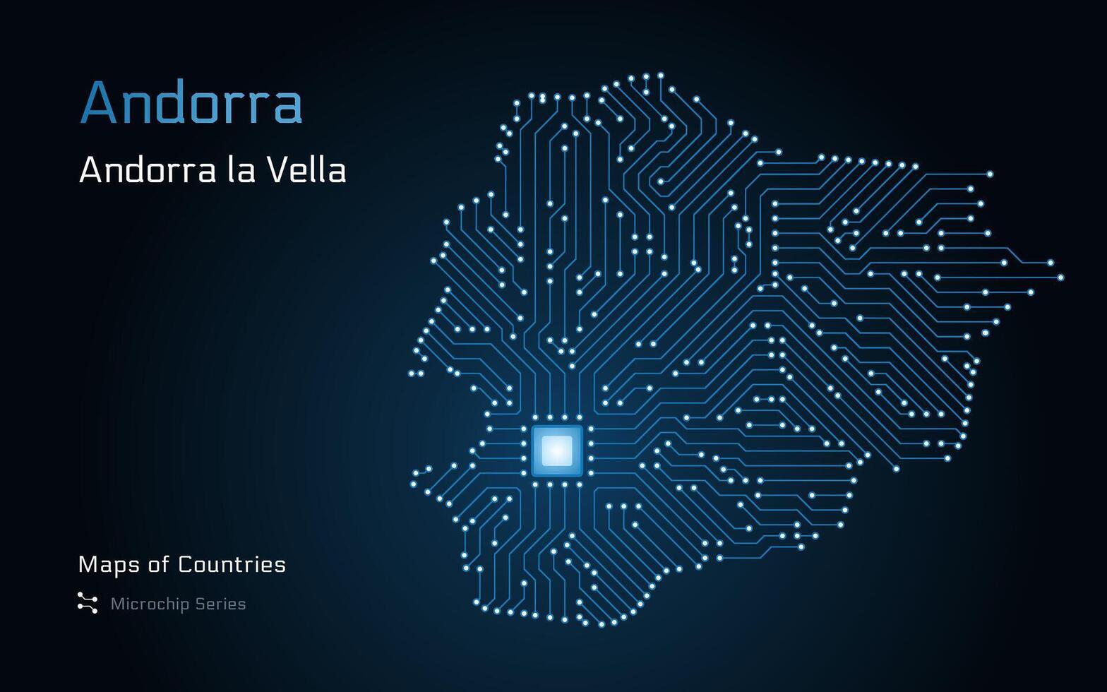 andorre carte avec une Capitale de andorre la vella montré dans une puce électronique modèle avec processeur. gouvernement électronique. monde des pays vecteur Plans. puce électronique séries