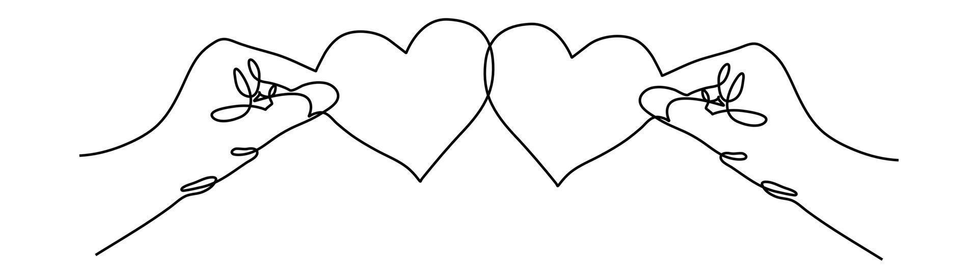 dessin continu d'une ligne. mains tenant coeur sur fond blanc. fine ligne de main noire avec image de coeur. vecteur