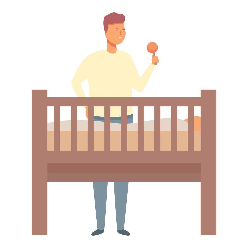 papa Baby-sitter sur lit de bébé icône dessin animé vecteur. mignonne alerte bébé vecteur