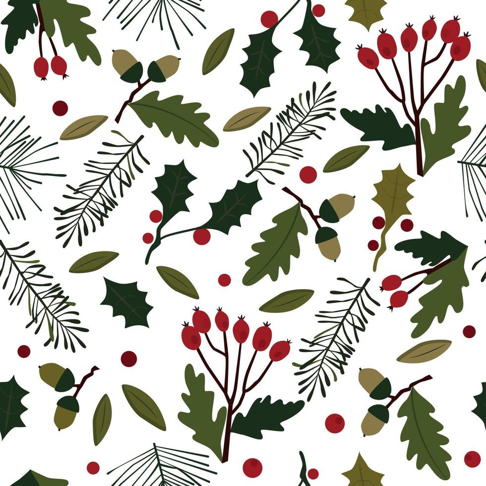 Modèle sans couture de Noël avec des baies de feuilles de chêne sur fond blanc vecteur
