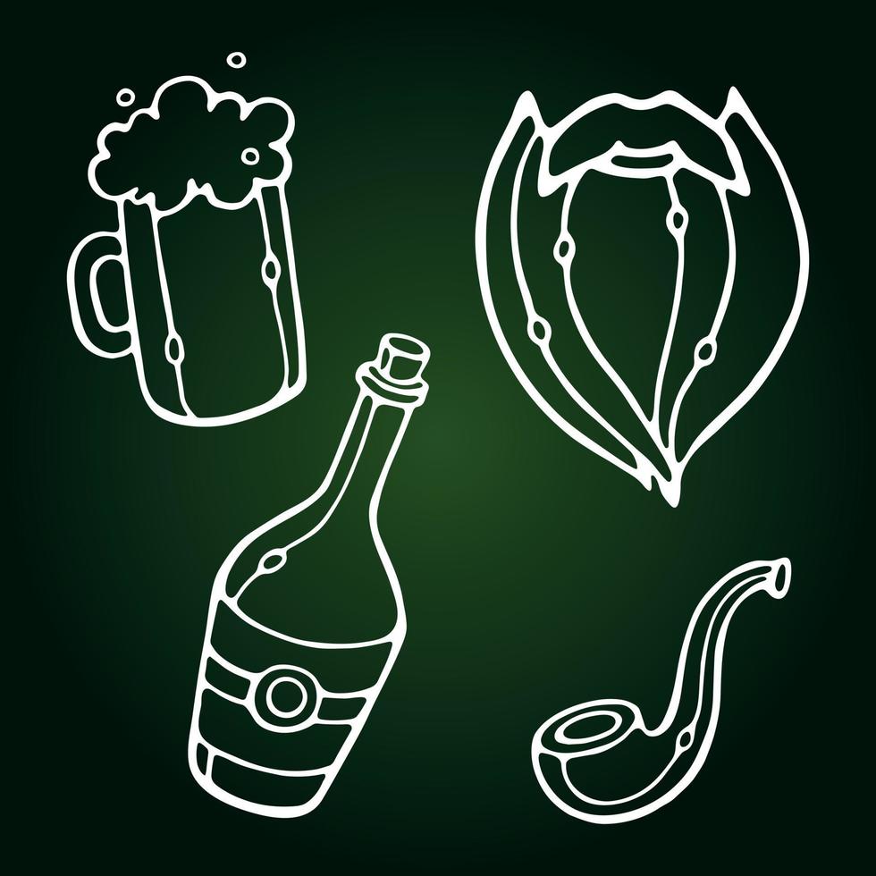 illustration vectorielle chope de bière, barbe, bouteille d'alcool, isolats de pipe à fumer sur fond vert. style de griffonnage pour st. conception de jour patrick vecteur