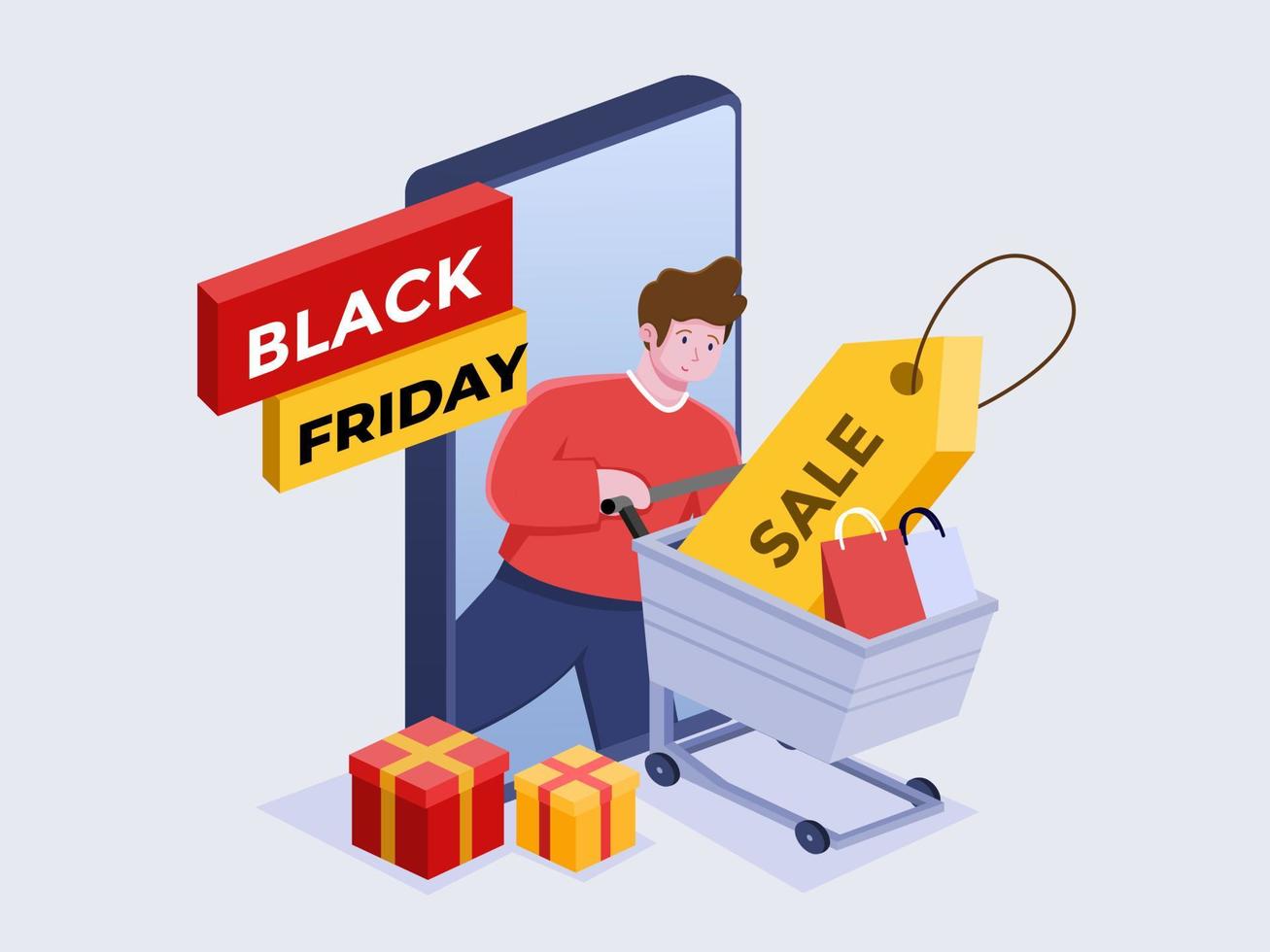 illustration de personnes achetant dans une boutique en ligne avec un smartphone lors de l'événement de vente du vendredi noir. peut être utilisé pour la bannière, la promotion, l'affiche, le web, les médias sociaux. vecteur