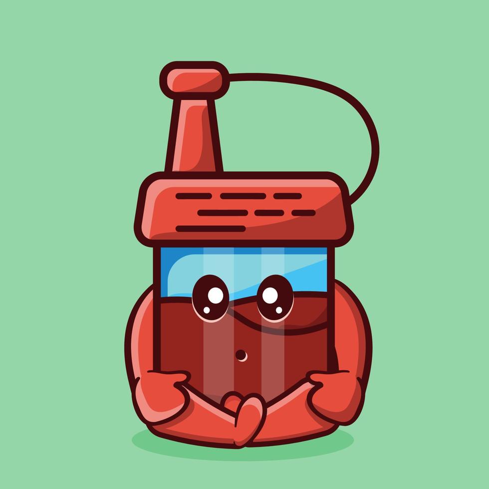 Mascotte de bouteille de sauce soja kawaii assis dessin animé isolé dans un style plat vecteur