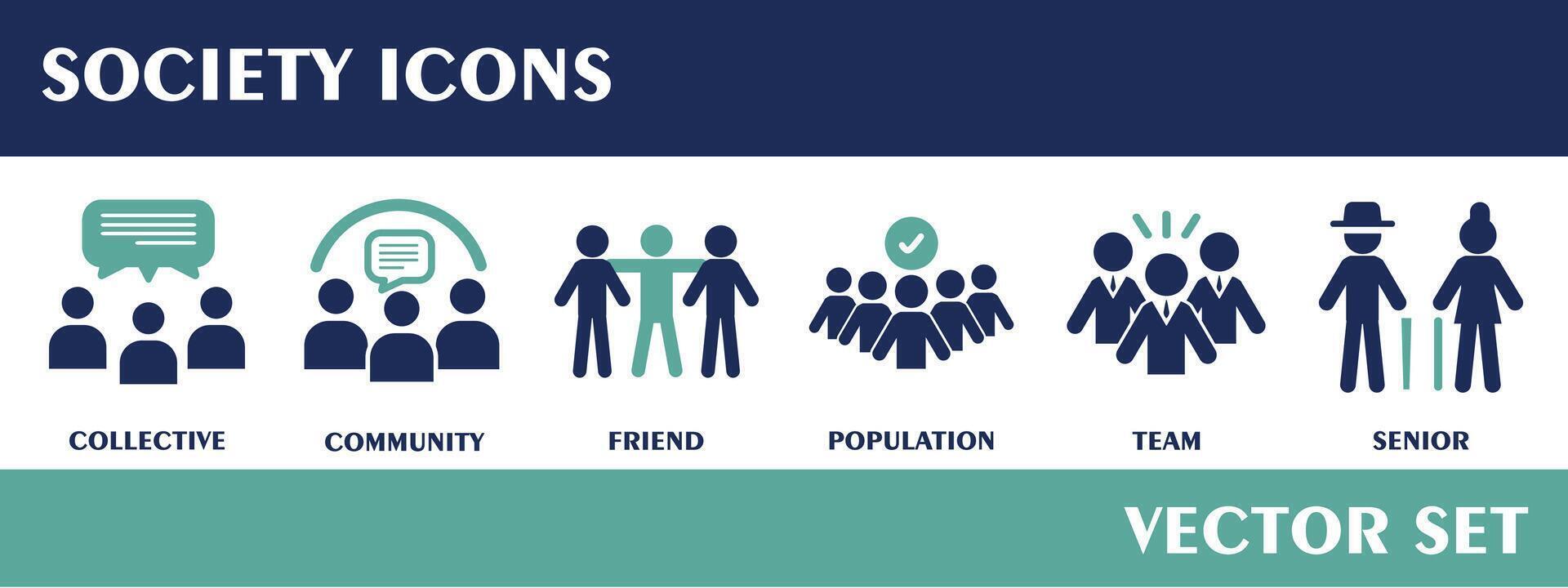 société Icônes. contenant collectif, communauté, ami, population, équipe, senior. plat conception vecteur ensemble.