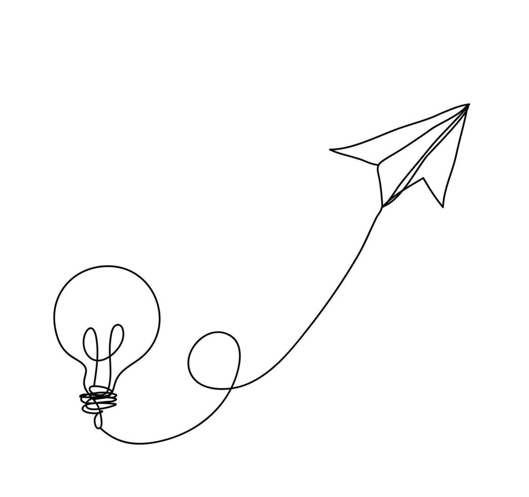 continu ligne art, papier avion en volant en haut connecté avec lumière ampoule, affaires idée concept ,vecteur illustration vecteur