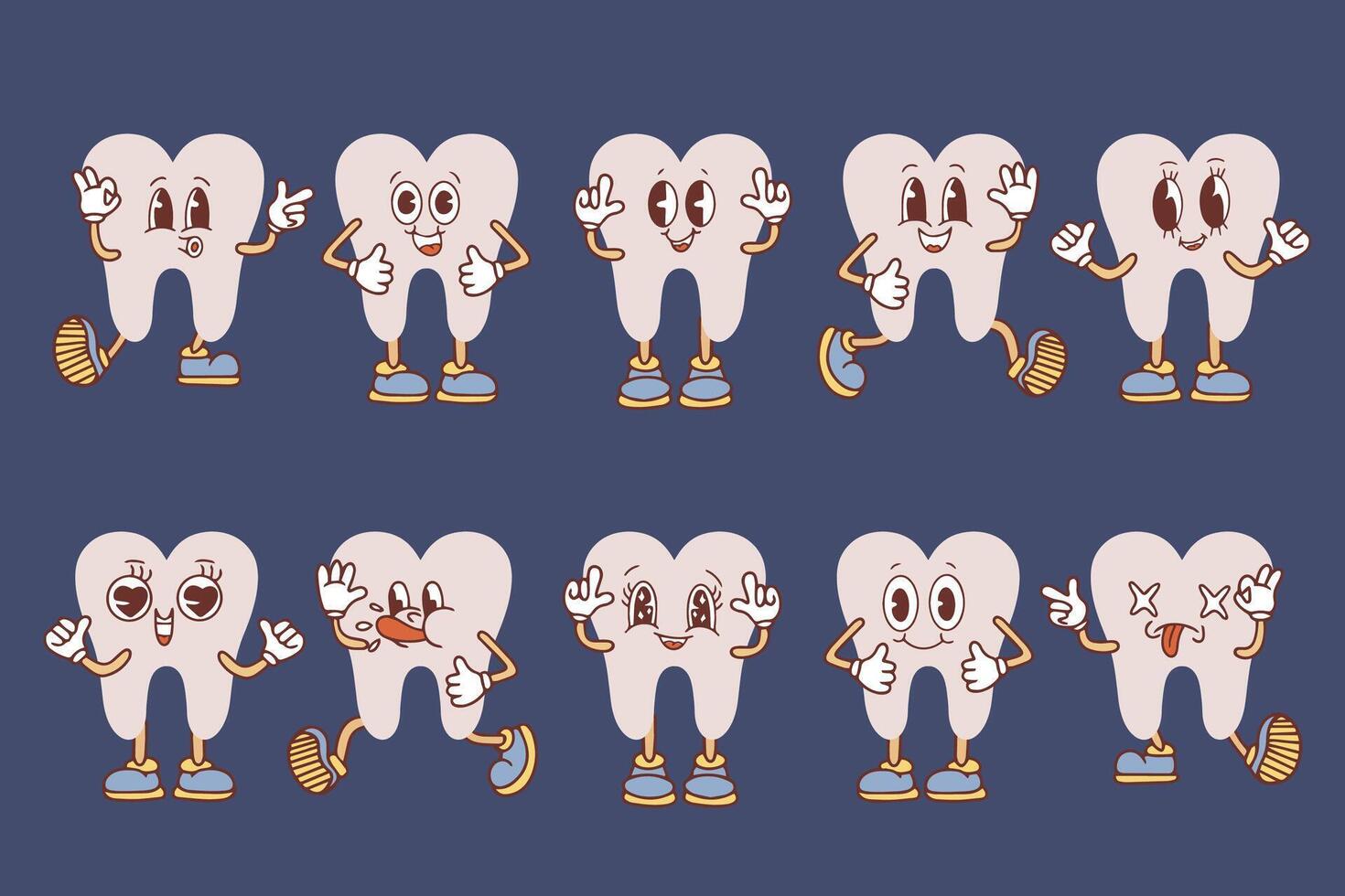 ensemble de sensationnel dent dessin animé personnages. marrant en bonne santé blanc molaires avec content et triste visages, rétro dessin animé les dents mascotte, dentisterie et dentaire se soucier autocollant. vecteur