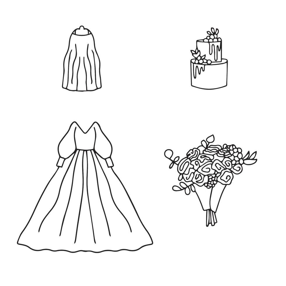 mariage ensemble de griffonnage fleurs, gâteau, mariage robe et voile. vecteur illustration