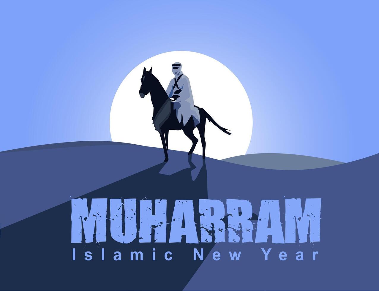 vecteur de un arabe équitation une cheval plus de le désert dans le le coucher du soleil bleu foncé ciel temps célébrer le islamique Nouveau année de muharram mois Nom