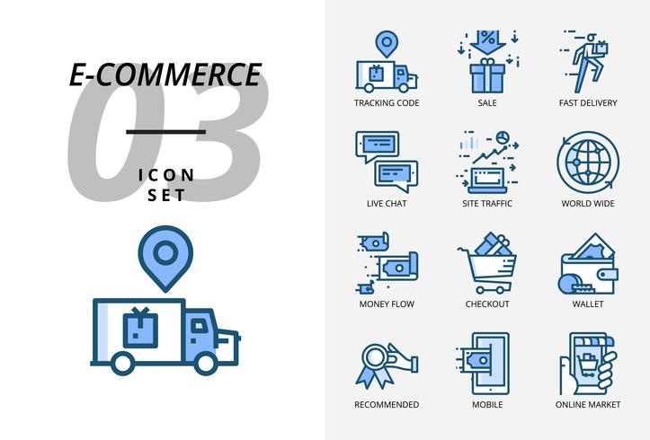 Pack d&#39;icônes pour le commerce électronique, code de suivi, vente, livraison rapide, flux monétaire, caisse, portefeuille, chat en direct, trafic sur le site, dans le monde entier, mobile, marché en ligne vecteur