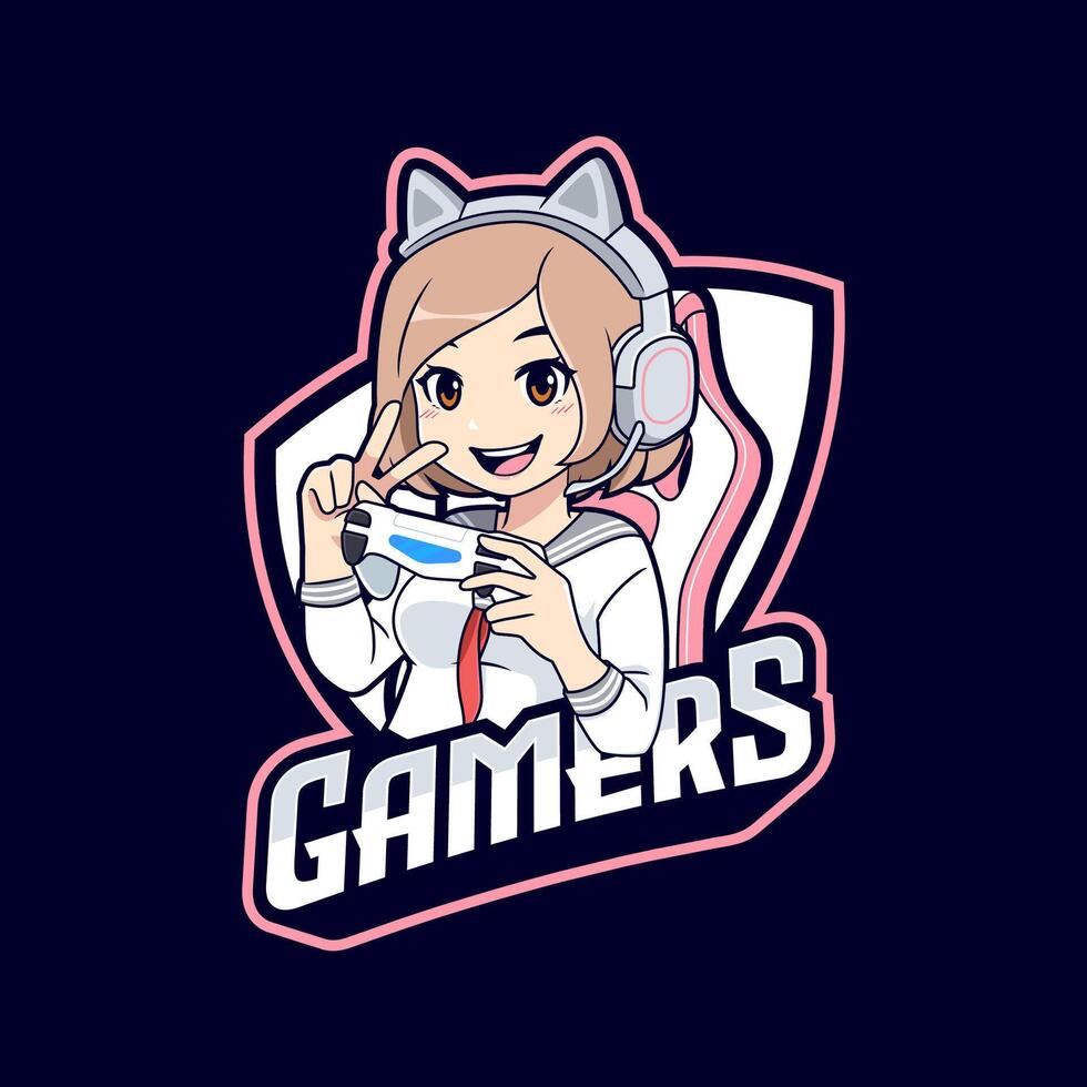 mignonne joueur anime fille portant Japonais école uniforme esport logo modèle vecteur